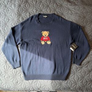 Harper & Ivy Navy Blue  Americana Appliqued Bear Sweater  L NWT